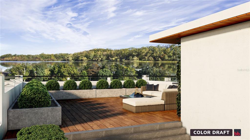 This rendering shows a modern rooftop terrace with wooden decking, planters, and lake views — 25 LAKE HOLLINGSWORTH DRIVE, LAKELAND, FL