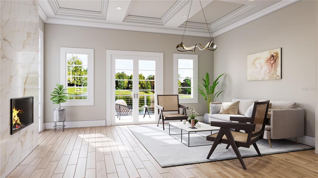 This is a rendering of a modern living room featuring a fireplace, seating, and patio doors — 25 LAKE HOLLINGSWORTH DRIVE, LAKELAND, FL