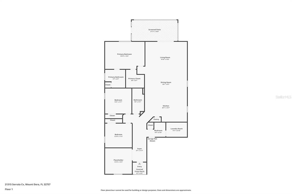 This is a floor plan for a single-story residential home with a garage and patio — 21315 SORRAIA COVE, MOUNT DORA, FL