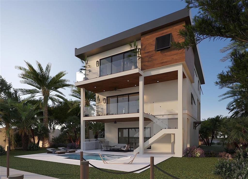 This is a rendering of a modern three-story home with balconies, a pool, and landscaping — 14184 W PARSLEY DRIVE, MADEIRA BEACH, FL