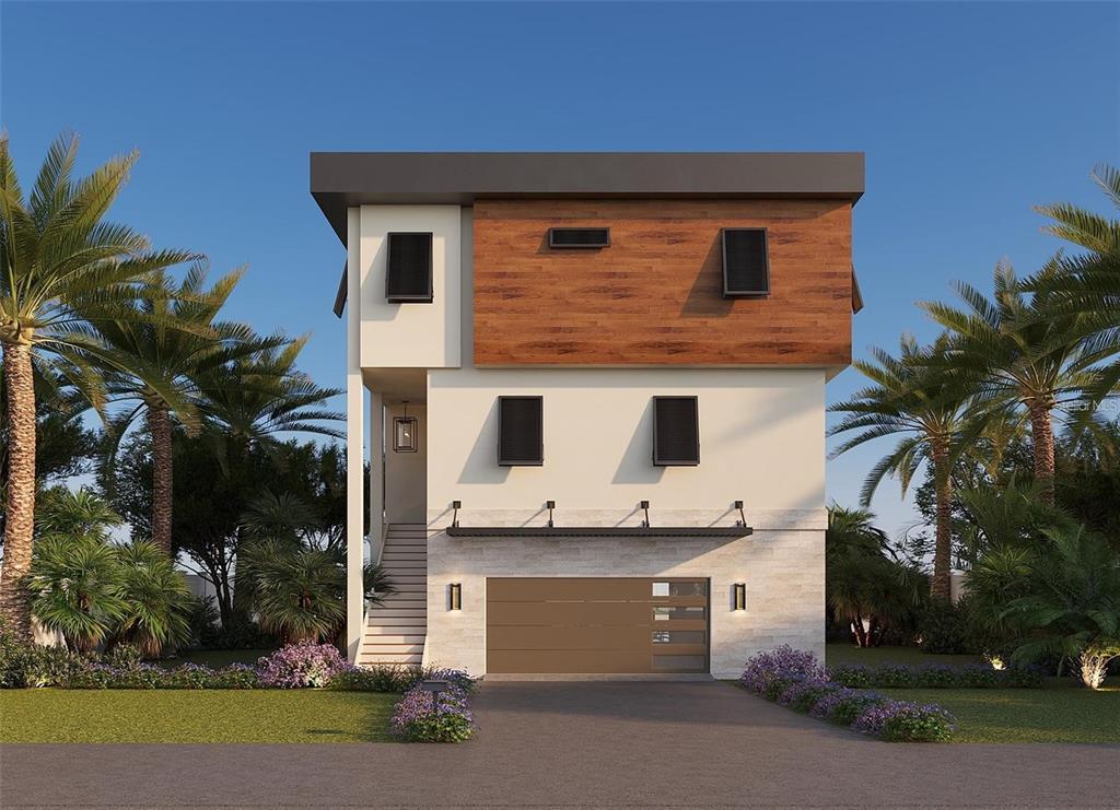 A rendering of a modern three-story house with a wood-paneled upper level and garage — 14184 W PARSLEY DRIVE, MADEIRA BEACH, FL