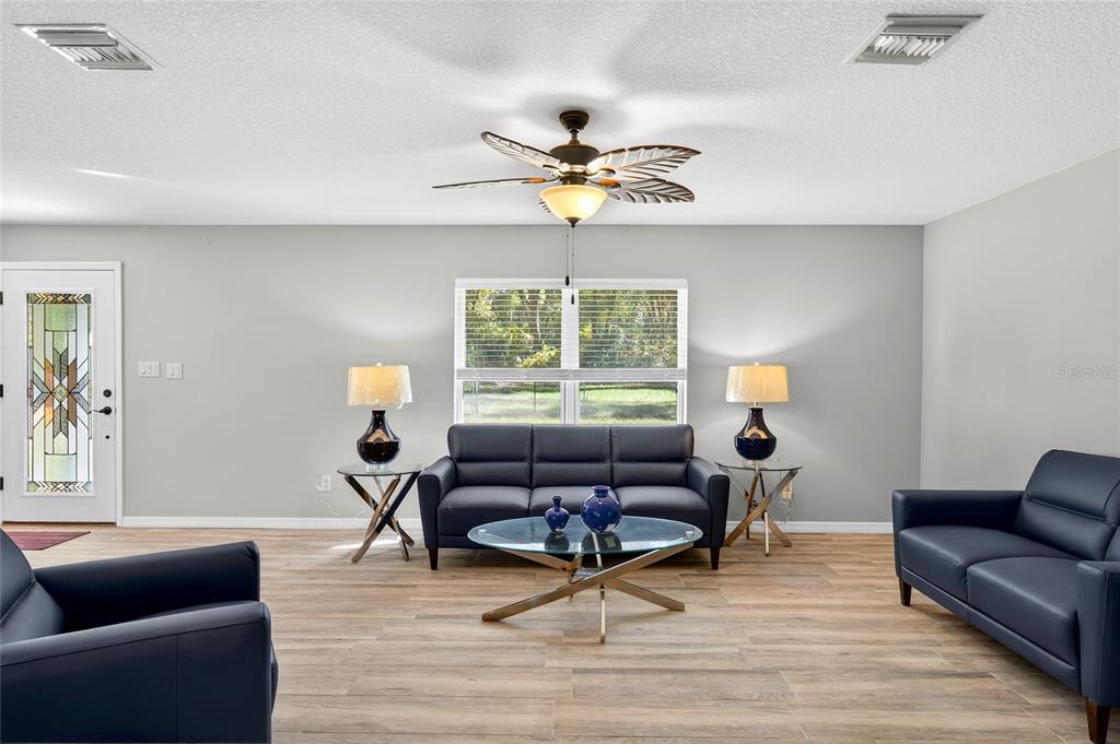 A view from an entryway into a living room with gray walls and wood-look flooring — 201 N WEST STREET, INTERLACHEN, FL