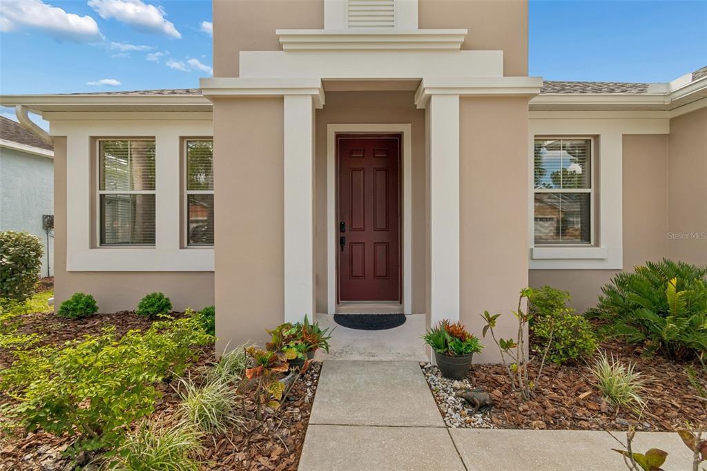 A tan house exterior features a dark red front door framed by white columns — 5405 HAMMOCK VIEW LANE, APOLLO BEACH, FL