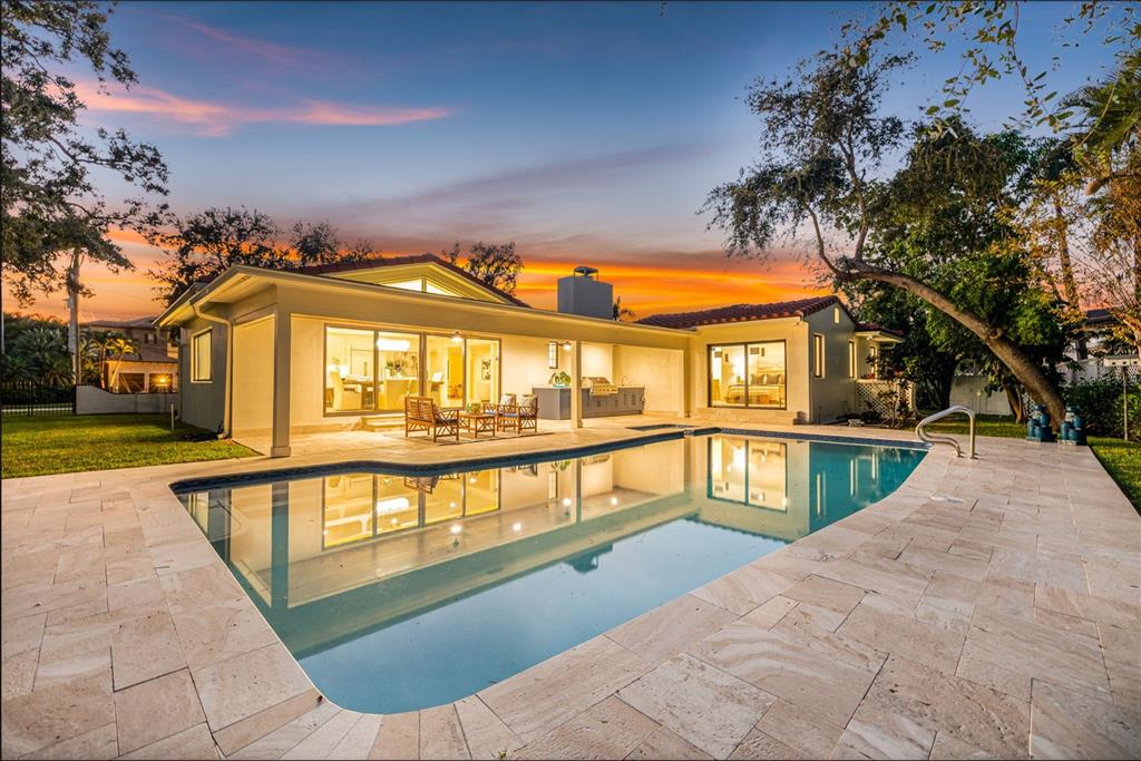 An aerial view shows a residential neighborhood at dusk with a highlighted house and pool — 1222 BRIGHTWATERS BOULEVARD NE, ST PETERSBURG, FL