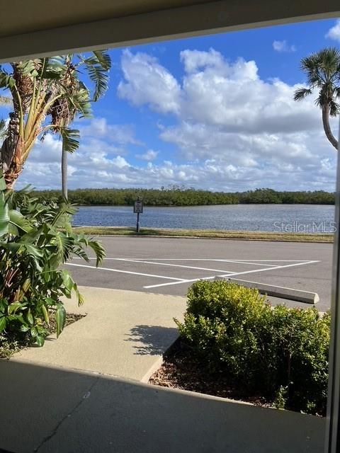 A view from a patio overlooking a parking lot, a body of water, and trees — 611 DESTINY DRIVE UNIT 115, RUSKIN, FL