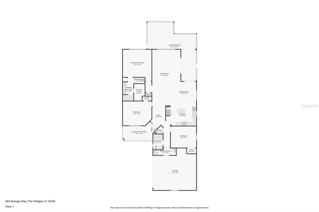 This is a floor plan for a single-story residential home with a garage and patio — 583 ARTEAGA WAY, THE VILLAGES, FL