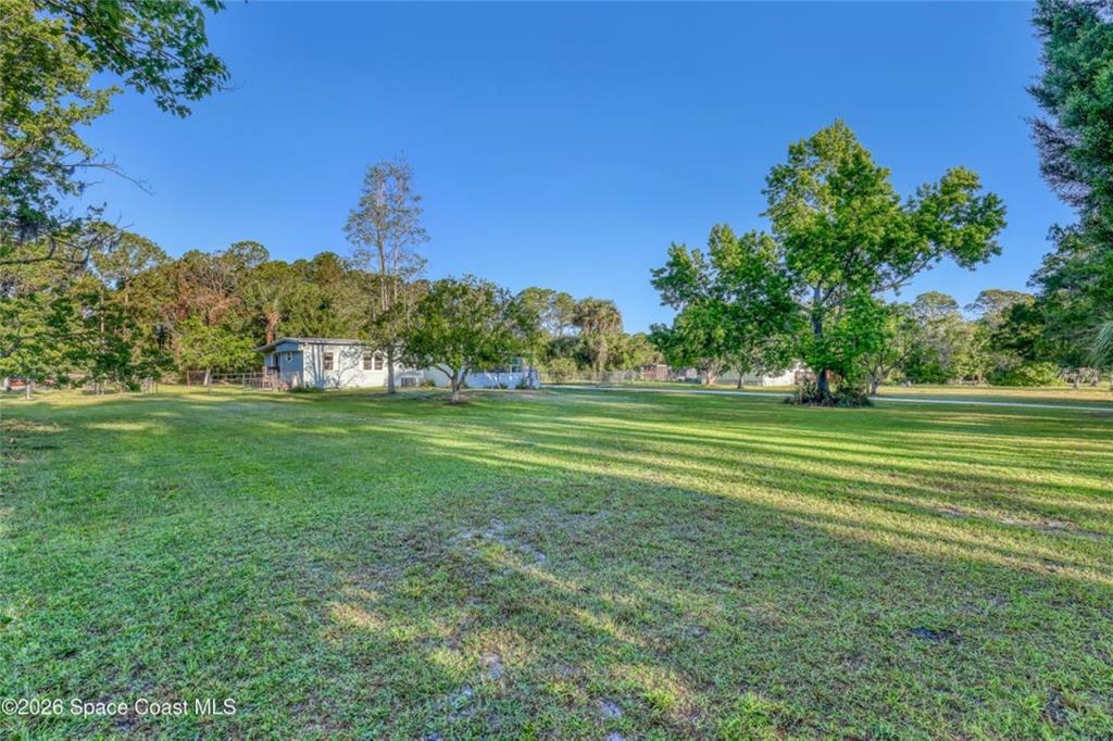 A single-story house sits on a large, grassy lot surrounded by trees under a clear sky — 2540 TUSCANY DRIVE, MIMS, FL