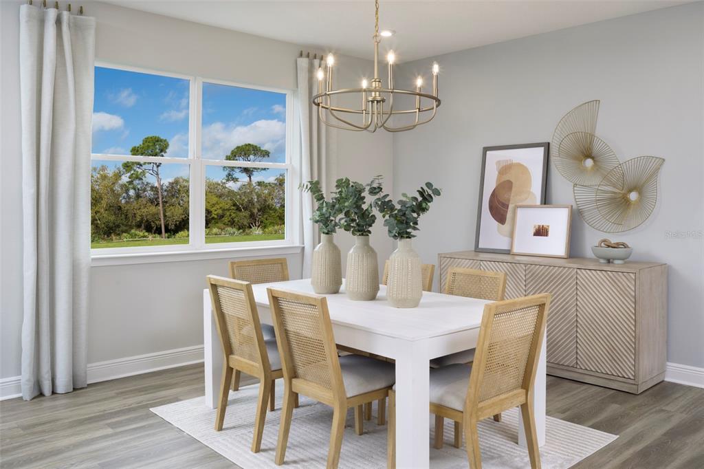 A dining room features a white table, cane-back chairs, a chandelier, and a windowed view — 34733 FLOWER PATCH DRIVE, DADE CITY, FL