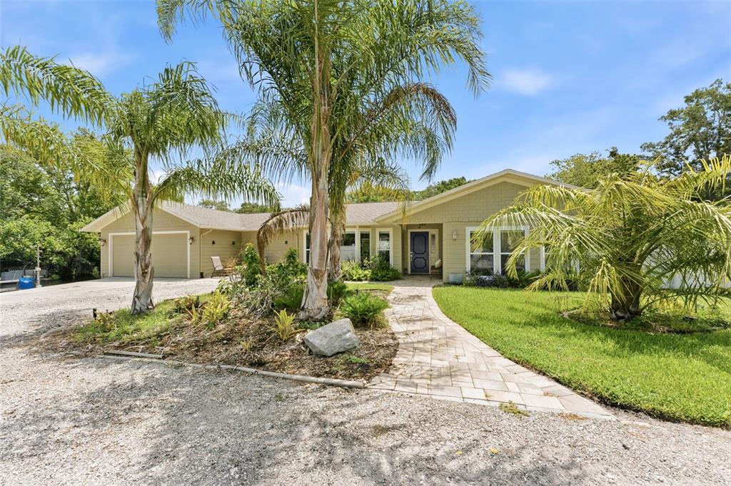 A single-story house with light green siding, a stone walkway, and palm trees in front — 6355 SEBRING STREET, WEEKI WACHEE, FL