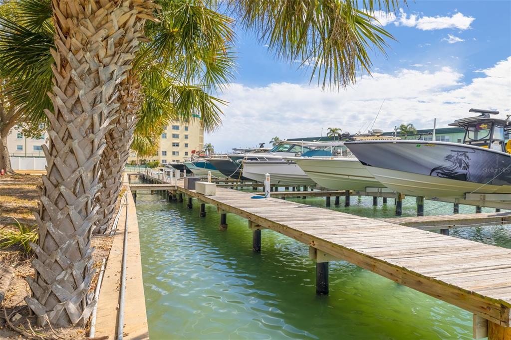 A wooden dock extends into the water alongside several boats moored under palm trees — 5814 SKIMMER POINT BOULEVARD S, GULFPORT, FL