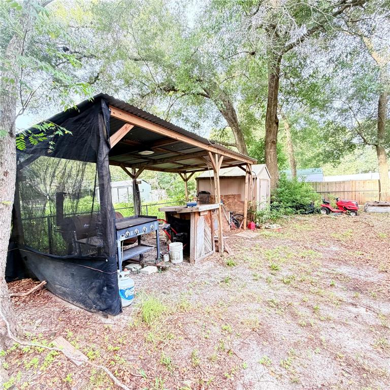 An outdoor covered cooking area features a grill, prep table, and a small storage shed — 20315 GREENWING ROAD, ALTOONA, FL