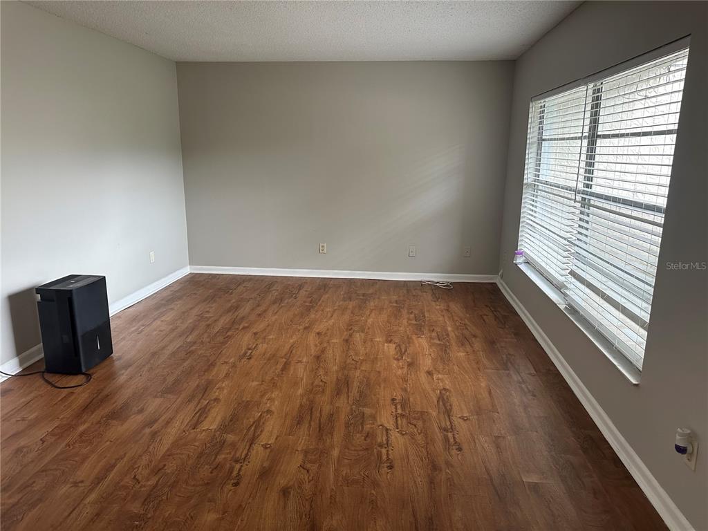 An empty room features wood-look flooring, light gray walls, and a large window with blinds — 14752 MORNING DRIVE, LUTZ, FL