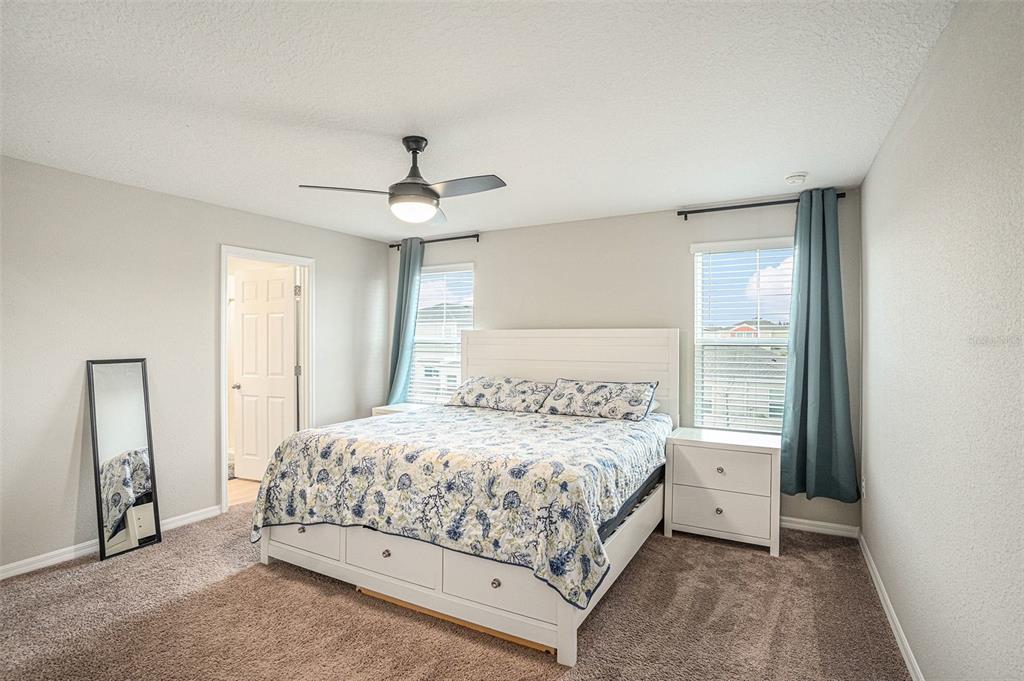 A bedroom features a bed with a white frame, blue-patterned bedding, and two windows — 12940 HAWKSTONE TRAIL BOULEVARD, LITHIA, FL