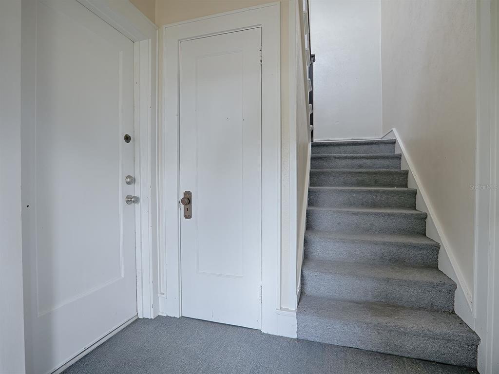 An interior view shows a carpeted staircase next to two white doors — 426 E CITRUS AVENUE, EUSTIS, FL