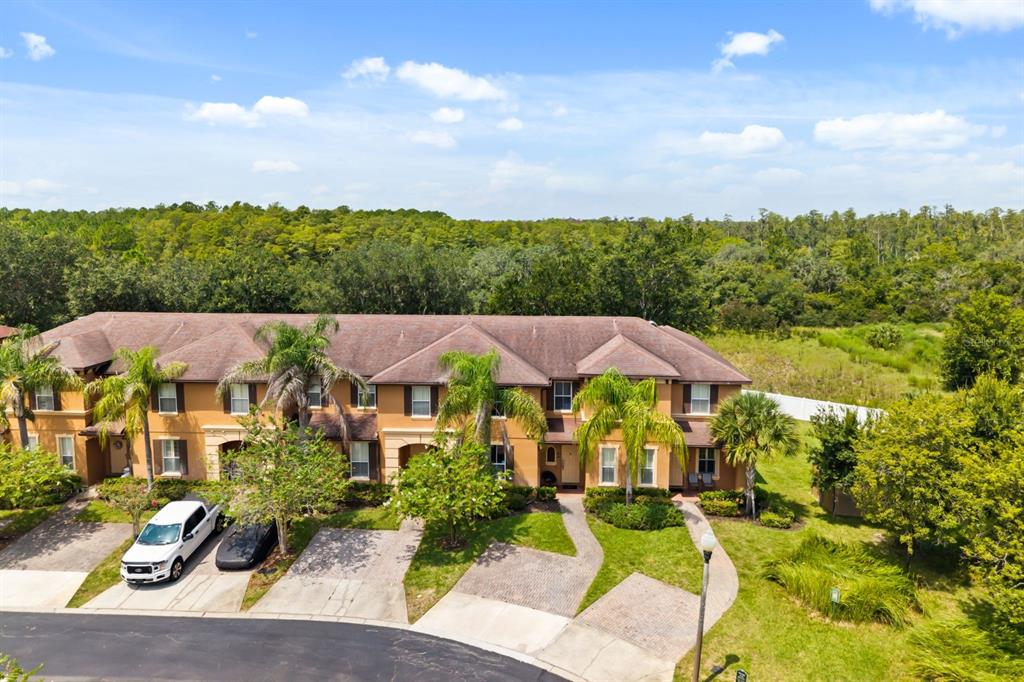 An aerial view of a multi-unit townhouse building with palm trees and paved driveways — 3214 CALABRIA AVENUE UNIT 3214, DAVENPORT, FL