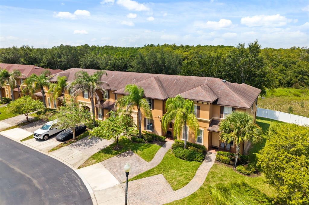 An aerial view shows a multi-unit townhouse building with palm trees and paved driveways — 3214 CALABRIA AVENUE UNIT 3214, DAVENPORT, FL