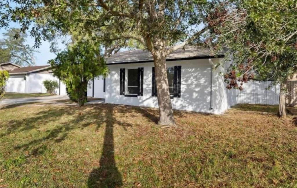 A white single-story house with black shutters sits behind a large tree on a lawn — 14915 GENTILLY PLACE, TAMPA, FL