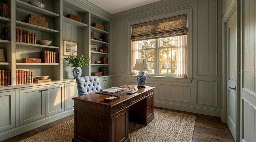 A home office features built-in shelving, a wooden desk, and a window with natural light — 15580 COUNTY ROAD 675, PARRISH, FL