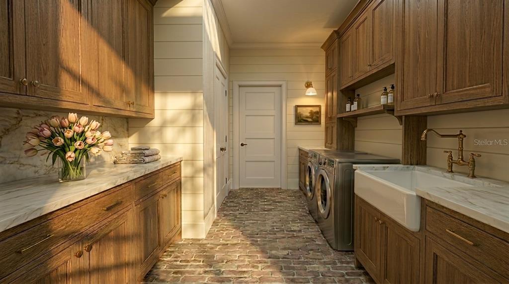 This rendering shows a laundry room with wood cabinets, brick flooring, and a farmhouse sink — 15580 COUNTY ROAD 675, PARRISH, FL
