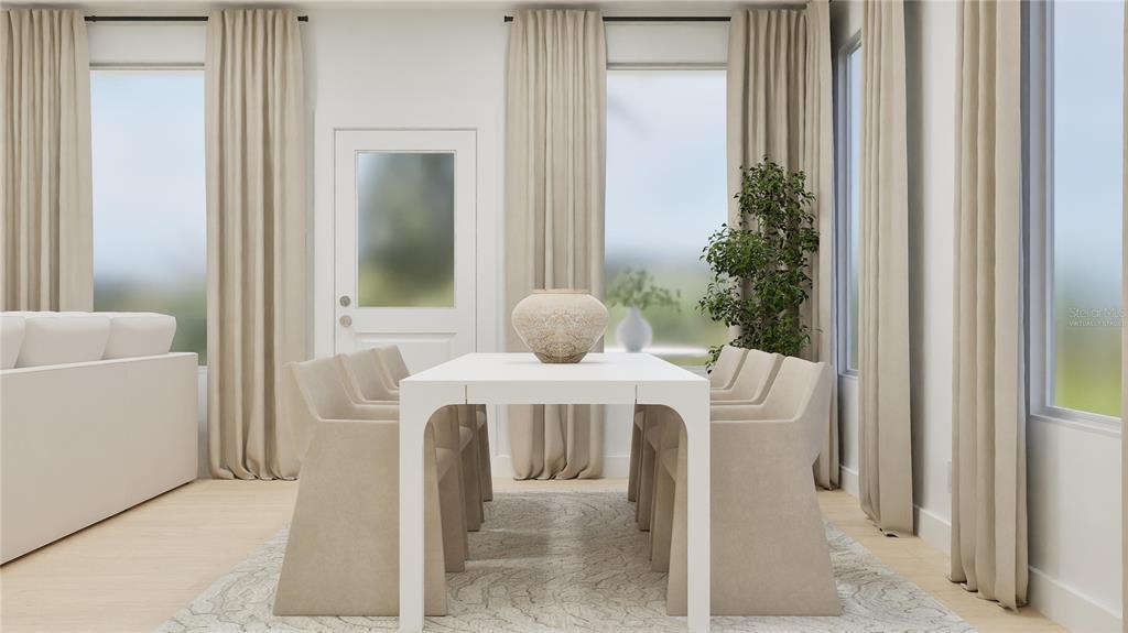 This is a rendering of a dining room with a white table, chairs, and curtains — 3058 GRANITE RIDGE AVENUE, MINNEOLA, FL