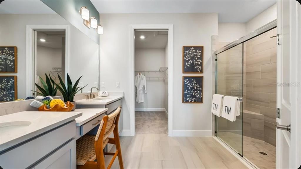 A modern bathroom features a double vanity, a walk-in shower, and an adjacent walk-in closet — 4305 ROSATTI ROAD, WESLEY CHAPEL, FL