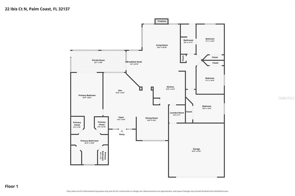 This is a floor plan for a single-story house with a garage and four bedrooms — 22 IBIS COURT N, PALM COAST, FL