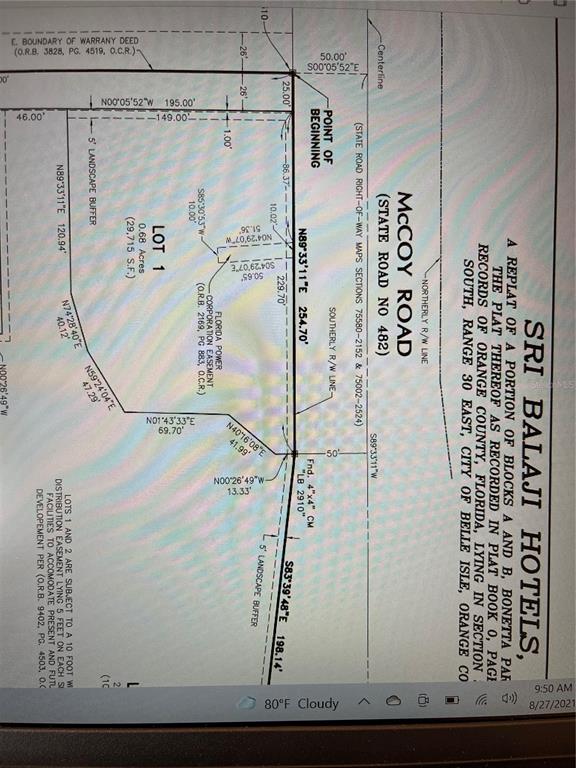 This image is a land survey map showing the property boundaries and easements for a lot — 1936 MCCOY ROAD, BELLE ISLE, FL