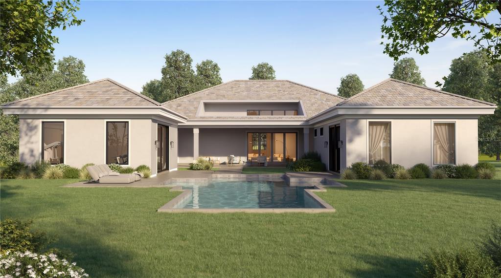 This rendering shows the rear exterior of a modern house with a swimming pool — 15934 PENDIO DRIVE, MONTVERDE, FL