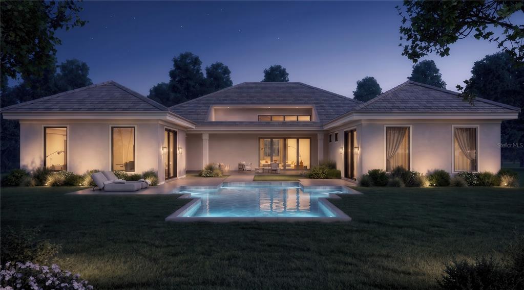 A digital rendering of a modern house exterior at night featuring a swimming pool — 15934 PENDIO DRIVE, MONTVERDE, FL