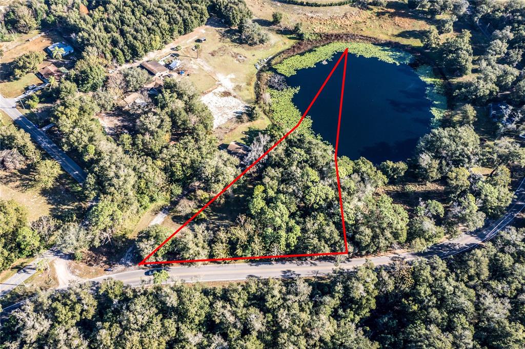 An aerial view shows a wooded lot with a pond outlined in red — 6311 SADLER ROAD, MOUNT DORA, FL