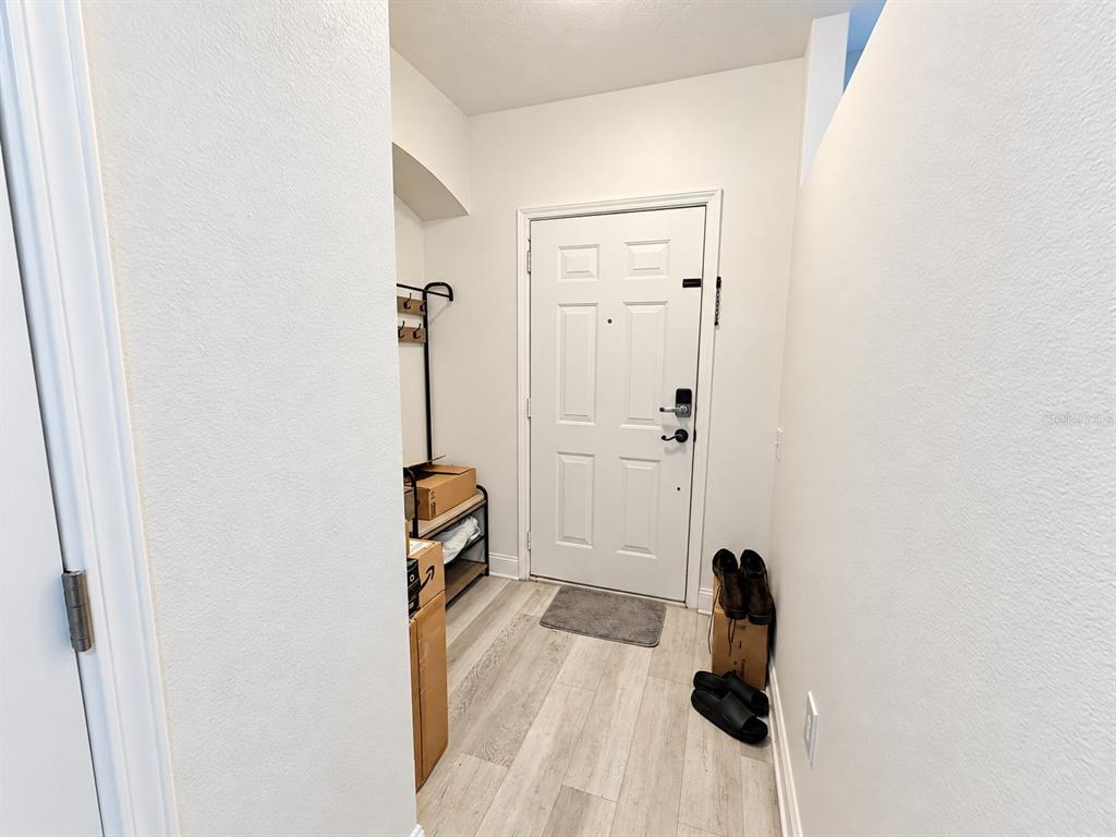 A small entryway features light wood-look flooring, a white front door, and a coat rack — 2334 LAKE WOODBERRY CIRCLE, BRANDON, FL