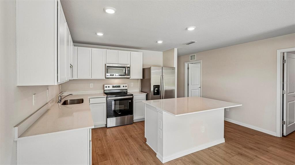 A kitchen features white cabinets, stainless steel appliances, a center island, and wood-look flooring — 13129 OLD CANOE WAY, PARRISH, FL