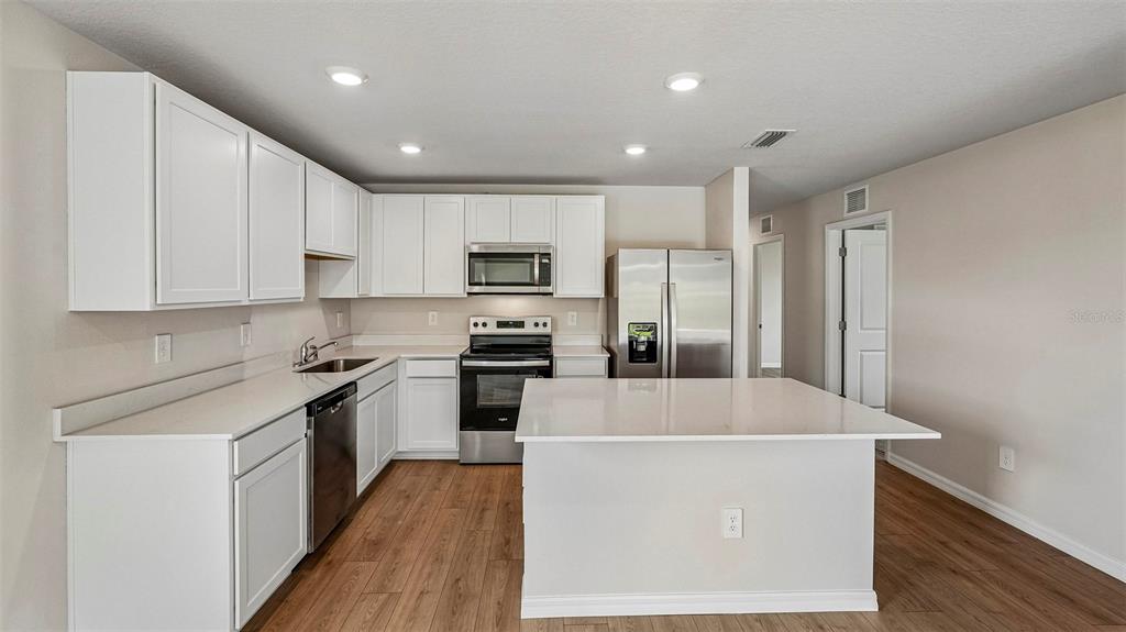 A kitchen features white cabinets, stainless steel appliances, an island, and wood-look flooring — 13129 OLD CANOE WAY, PARRISH, FL