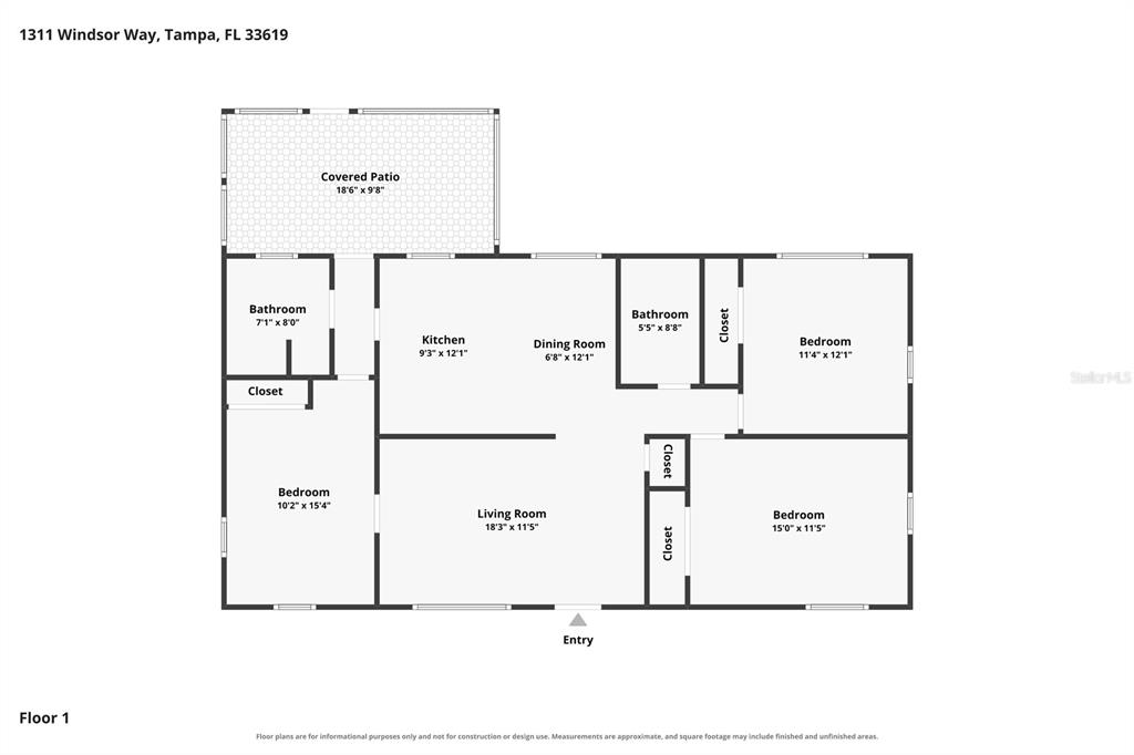 This is a floor plan for a single-story house with three bedrooms and two bathrooms — 1311 WINDSOR WAY, TAMPA, FL
