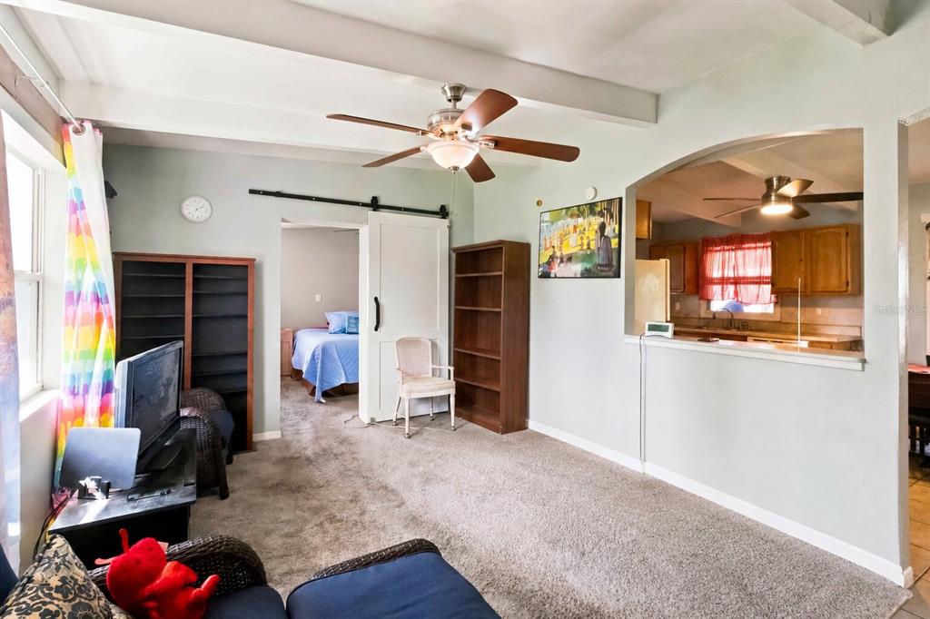 A living room with carpeted floors, a ceiling fan, a barn door, and an open kitchen — 1311 WINDSOR WAY, TAMPA, FL
