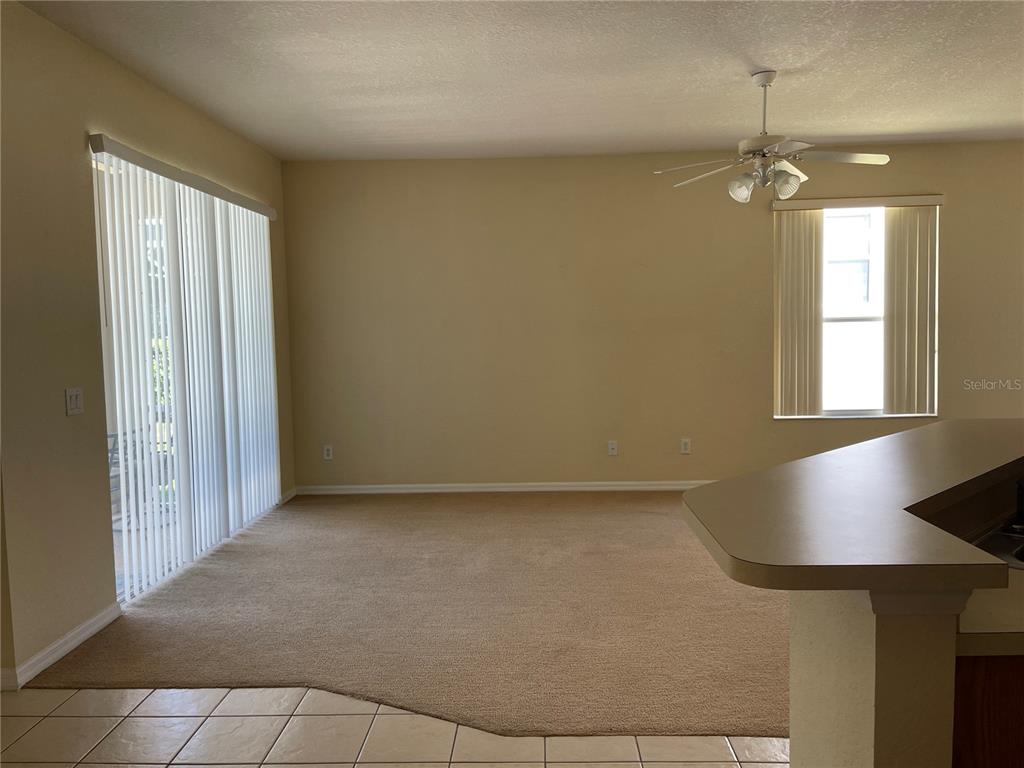 A living room with beige carpet, a ceiling fan, and vertical blinds on the windows — 1628 N HAMPTON DRIVE, DAVENPORT, FL