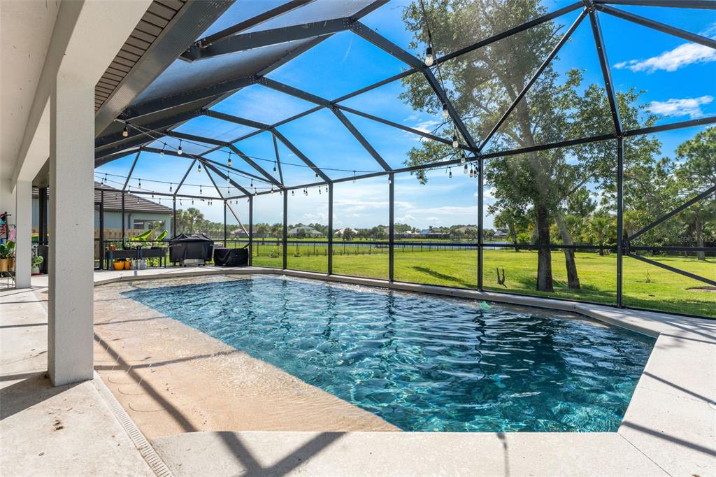 A screened-in swimming pool with a tanning ledge overlooks a grassy backyard and a lake — 3897 PROVINCE DRIVE, MELBOURNE, FL