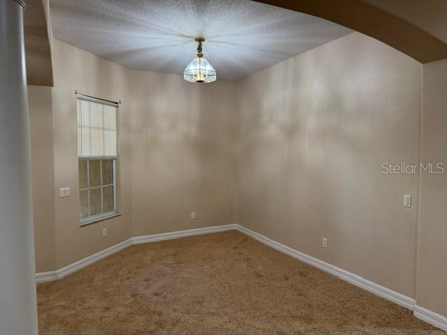 An empty room with beige walls, tan carpeting, a single window, and a hanging light fixture — 4697 BIRCHFIELD LOOP, SPRING HILL, FL