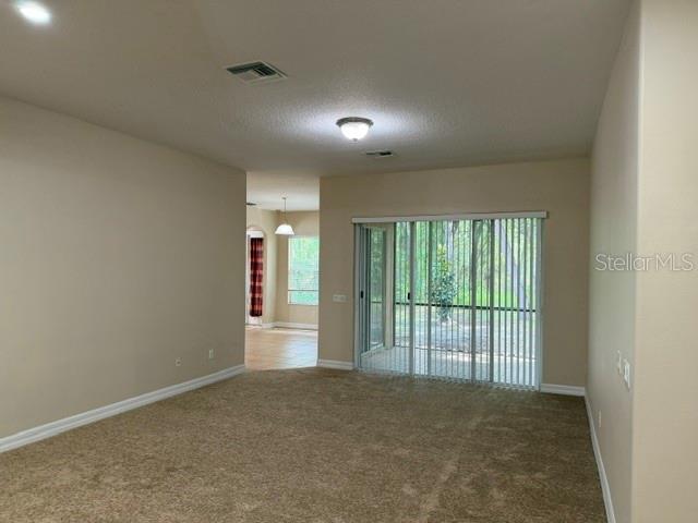 A carpeted living room features a sliding glass door leading to a screened-in patio — 4697 BIRCHFIELD LOOP, SPRING HILL, FL