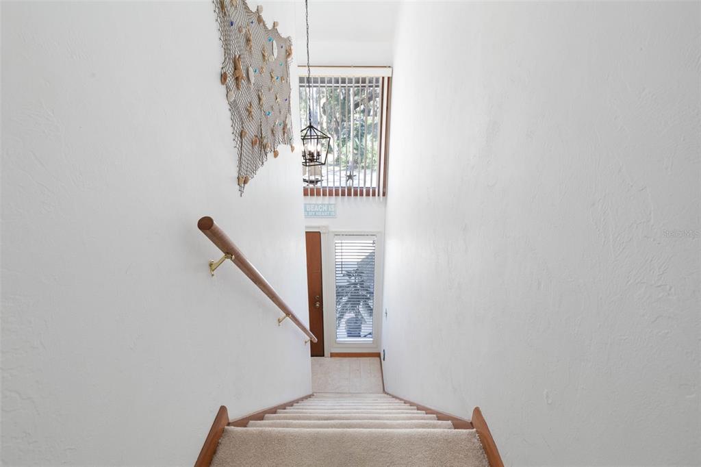 A carpeted staircase leads down to a landing with a wooden door and windows — 24 FAIRWAYS CIRCLE UNIT 24, PALM COAST, FL