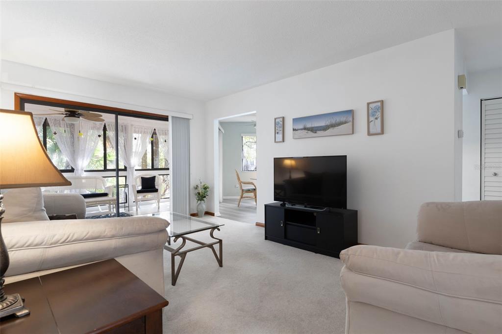 A living room features white walls, carpeted flooring, a television, and a sliding glass door — 24 FAIRWAYS CIRCLE UNIT 24, PALM COAST, FL