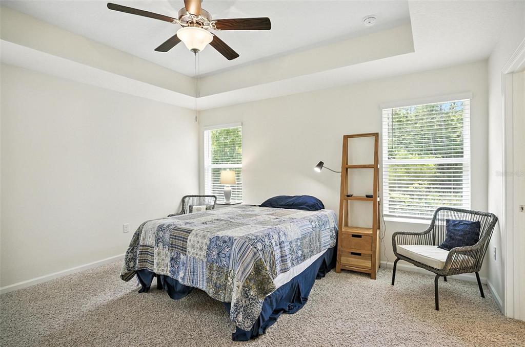A bedroom features a tray ceiling with a fan, carpeted floors, and two windows — 88 BIRDIE WAY, BUNNELL, FL