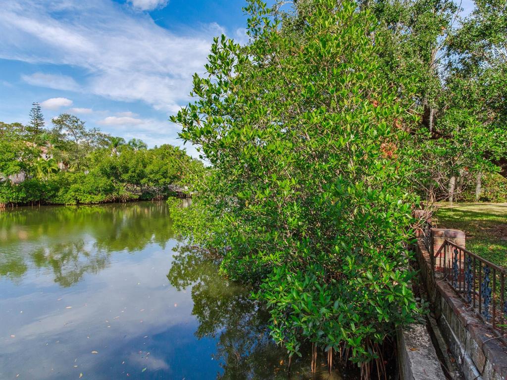 A brick driveway leads to a grassy lot shaded by large, mature oak trees — 5001 S SHORE CREST CIRCLE, TAMPA, FL