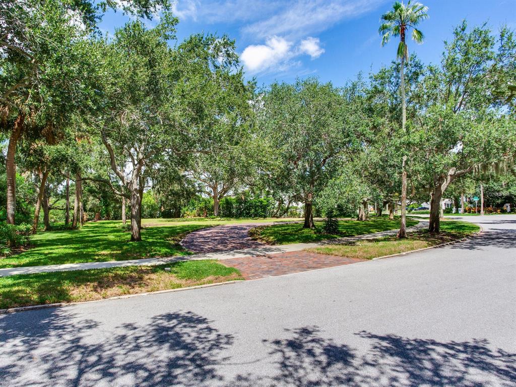 A brick driveway curves through a grassy yard shaded by large, mature oak trees — 5001 S SHORE CREST CIRCLE, TAMPA, FL
