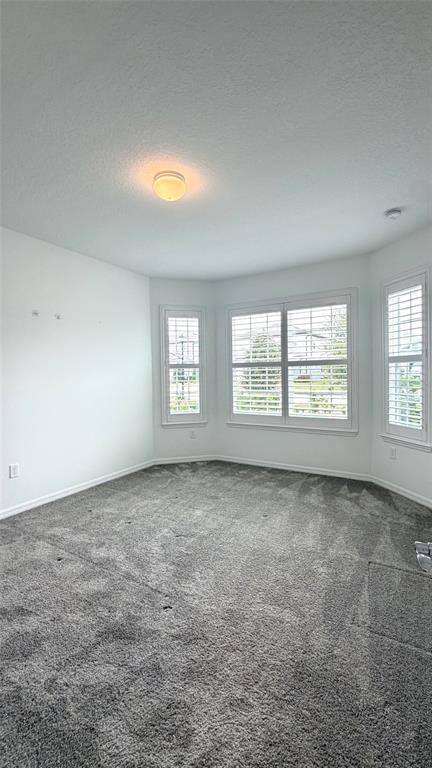An empty room features gray carpeting, white walls, and a bay window with plantation shutters — 957 SILVERLAKE BOULEVARD, LAKE ALFRED, FL