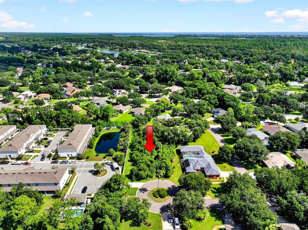 An aerial view shows a wooded vacant lot situated between residential homes and a pond — 2 DEERSKIN LANE, ORMOND BEACH, FL