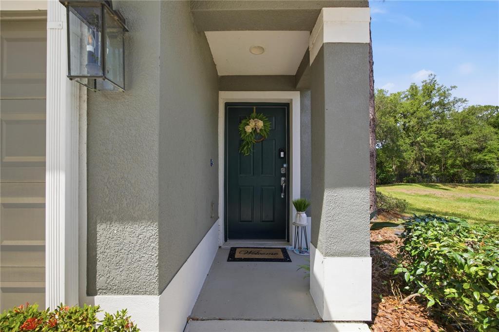 A covered entryway features a dark green front door with a wreath and welcome mat — 2111 RIVER TURIA CIRCLE, RIVERVIEW, FL