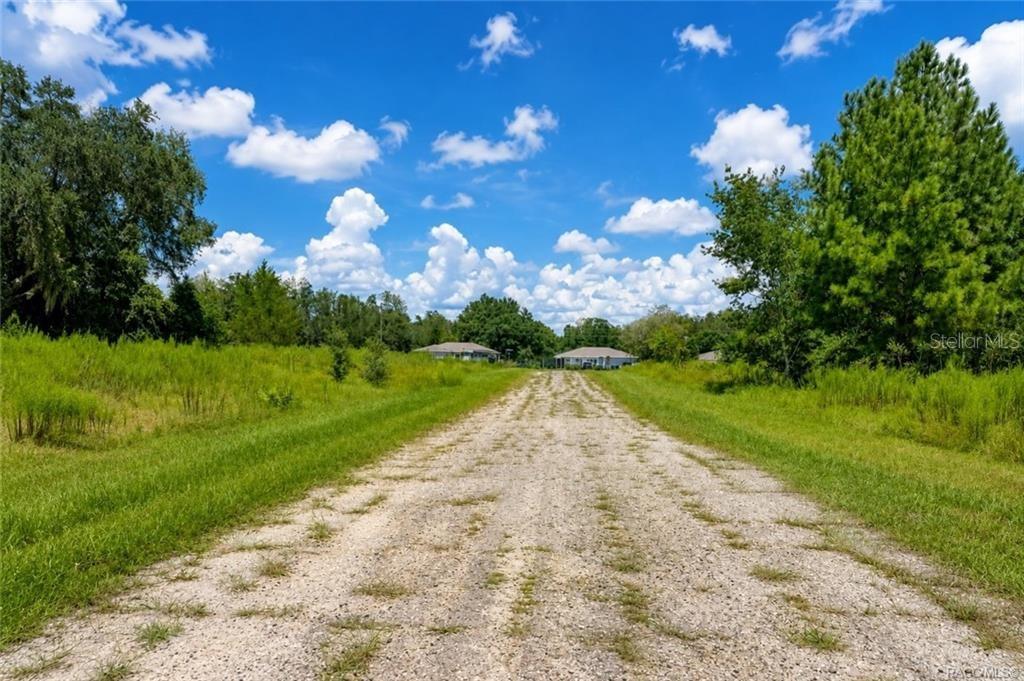 A gravel road leads toward two houses surrounded by grassy fields and trees under a sky — 7644 N FISHER TERRACE, CITRUS SPRINGS, FL
