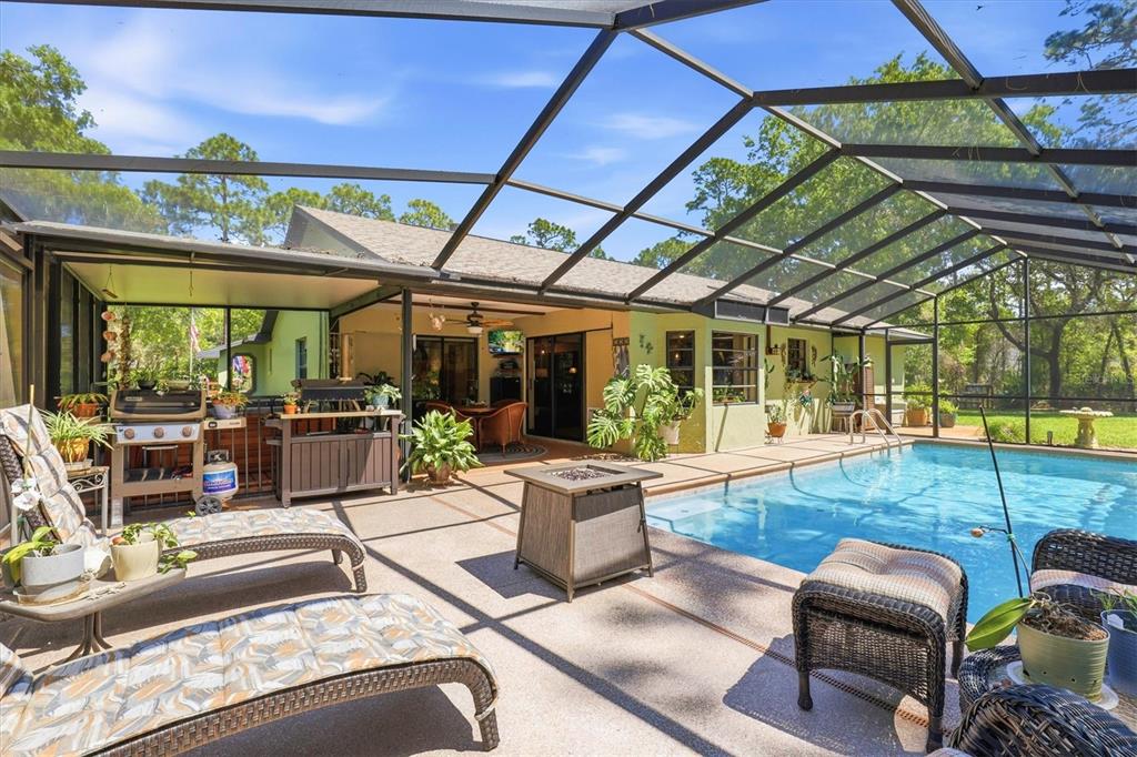 A screened-in swimming pool overlooks a grassy backyard with trees and a wooden swing set — 9032 BIRMINGHAM AVENUE, WEEKI WACHEE, FL