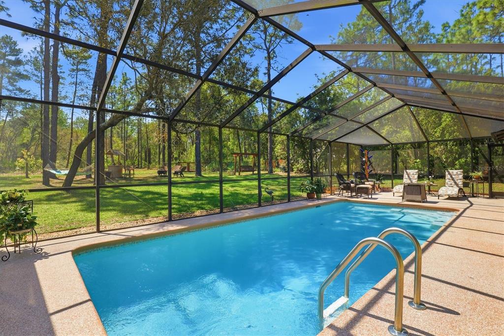 An aerial view shows a house with a metal carport, driveway, and surrounding pine trees — 9032 BIRMINGHAM AVENUE, WEEKI WACHEE, FL